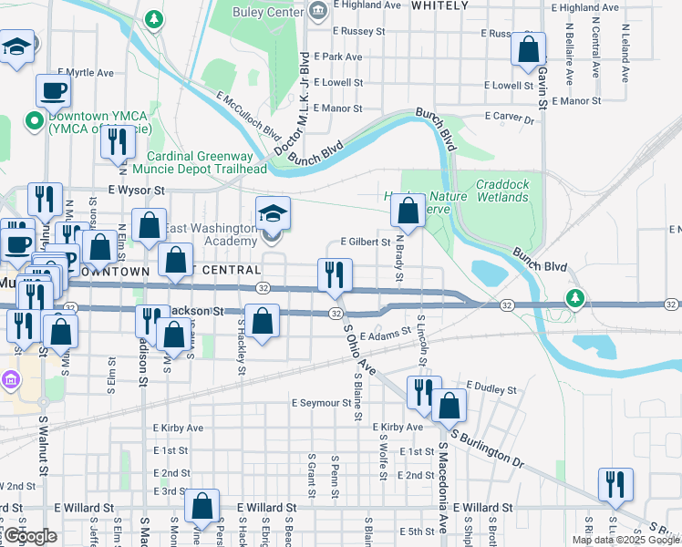 map of restaurants, bars, coffee shops, grocery stores, and more near 114 North Ohio Avenue in Muncie