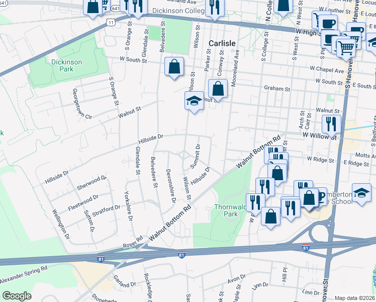 map of restaurants, bars, coffee shops, grocery stores, and more near 551 Wilson St in Carlisle