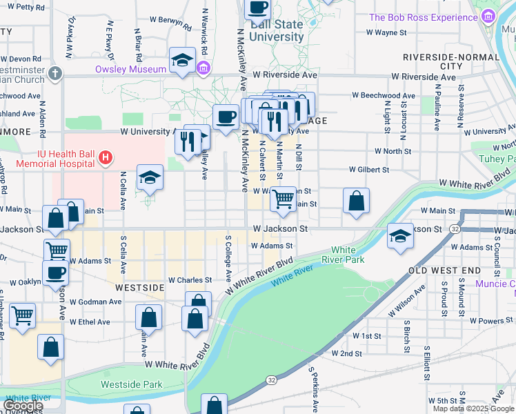 map of restaurants, bars, coffee shops, grocery stores, and more near 101 North Calvert Street in Muncie