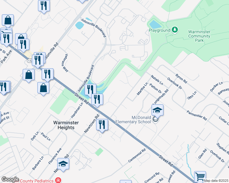 map of restaurants, bars, coffee shops, grocery stores, and more near 700 Sheldon Drive in Warminster