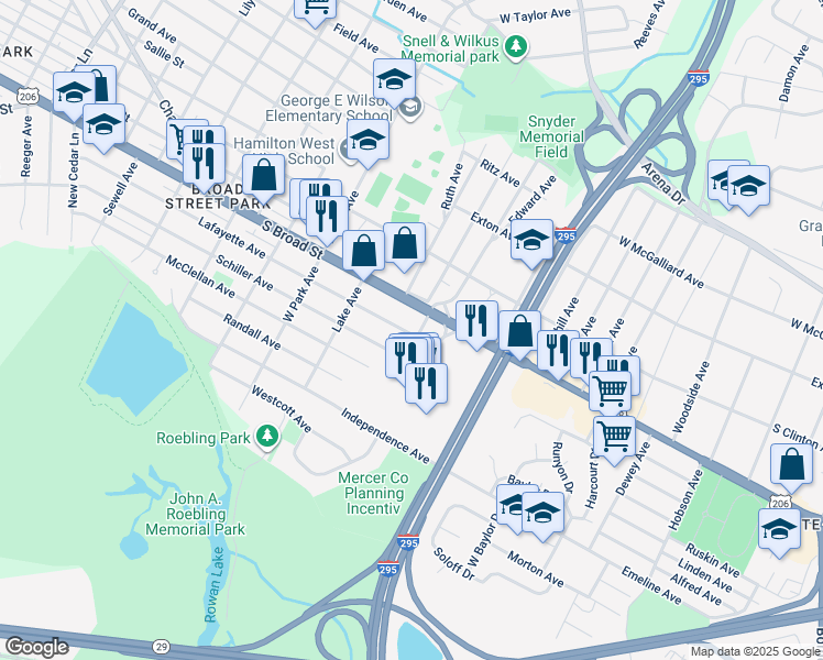 map of restaurants, bars, coffee shops, grocery stores, and more near 21 Oldfield Avenue in Trenton