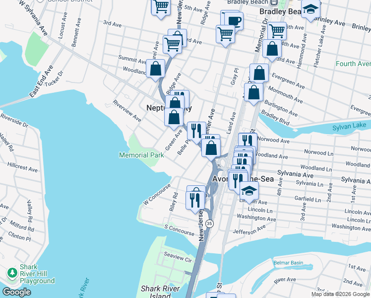 map of restaurants, bars, coffee shops, grocery stores, and more near 26 Belle Place in Neptune City