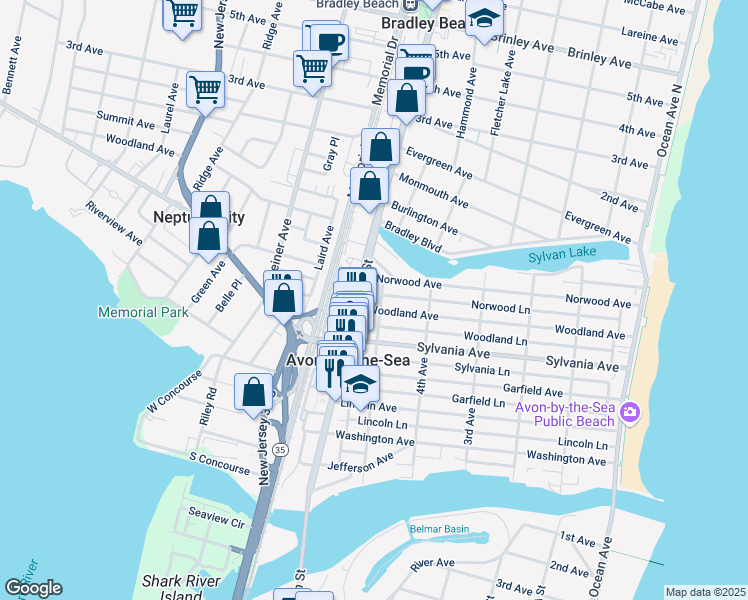 map of restaurants, bars, coffee shops, grocery stores, and more near 607 5th Avenue in Avon-by-the-Sea