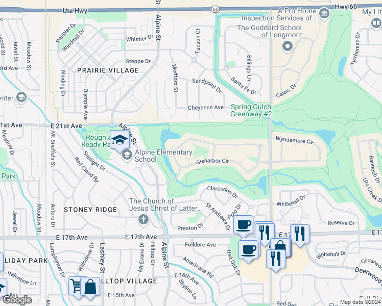 map of restaurants, bars, coffee shops, grocery stores, and more near 1912 Glenarbor Way in Longmont