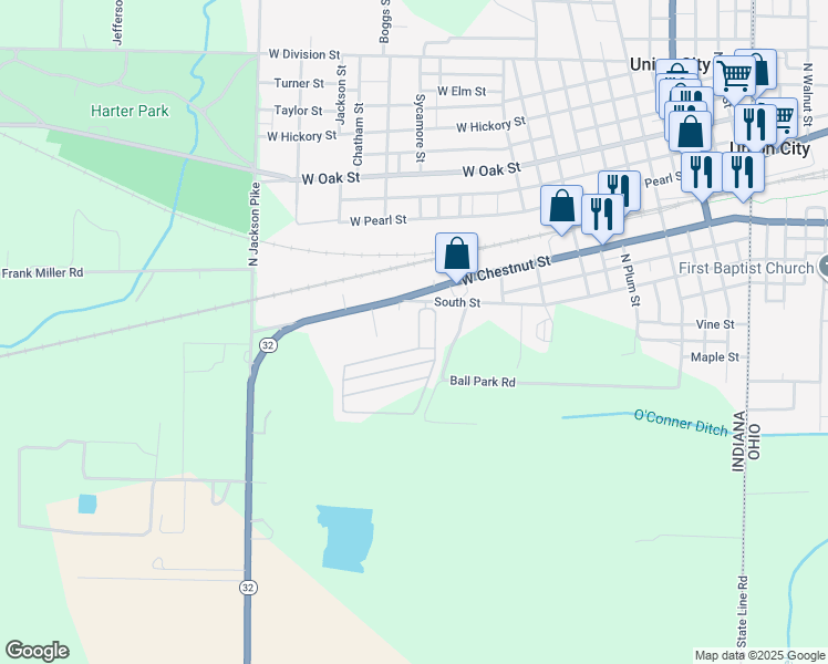 map of restaurants, bars, coffee shops, grocery stores, and more near 307 South Willow Drive in Union City
