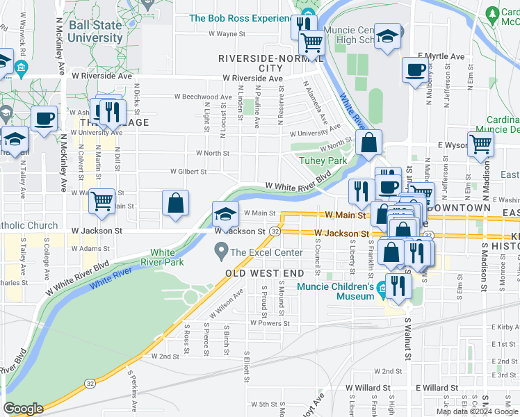 map of restaurants, bars, coffee shops, grocery stores, and more near 904 West Main Street in Muncie