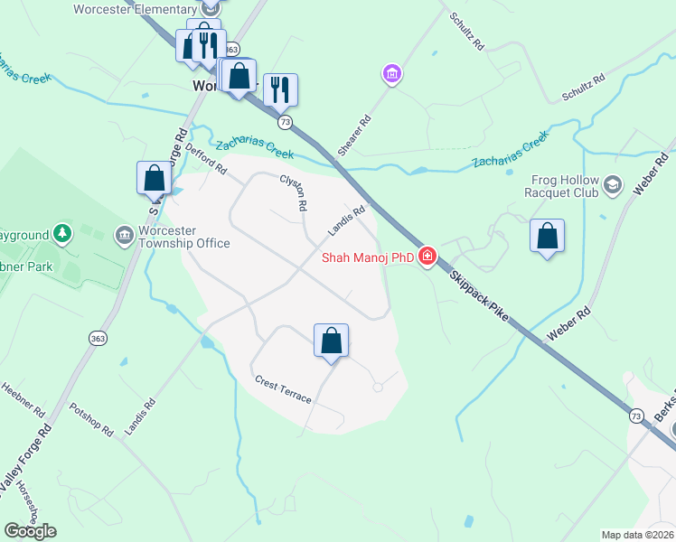 map of restaurants, bars, coffee shops, grocery stores, and more near 1918 Landis Road in Eagleville