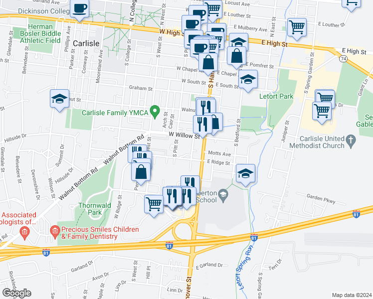 map of restaurants, bars, coffee shops, grocery stores, and more near 516 School Ave in Carlisle