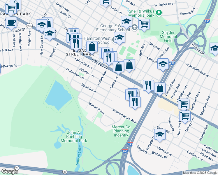 map of restaurants, bars, coffee shops, grocery stores, and more near 209 Lake Avenue in Hamilton Township