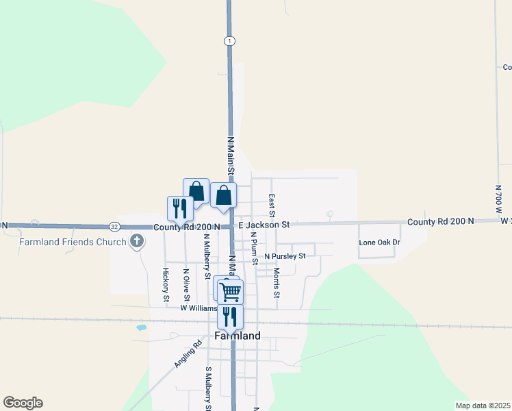 map of restaurants, bars, coffee shops, grocery stores, and more near 604 North Pursley Street in Farmland