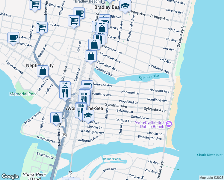 map of restaurants, bars, coffee shops, grocery stores, and more near 337 1/2 Norwood Lane in Avon-by-the-Sea