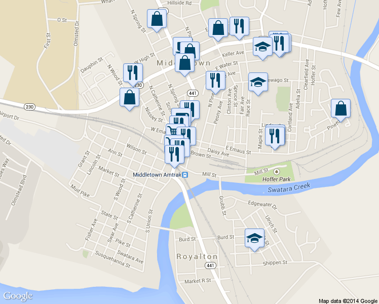 map of restaurants, bars, coffee shops, grocery stores, and more near 12 Brown St in Middletown