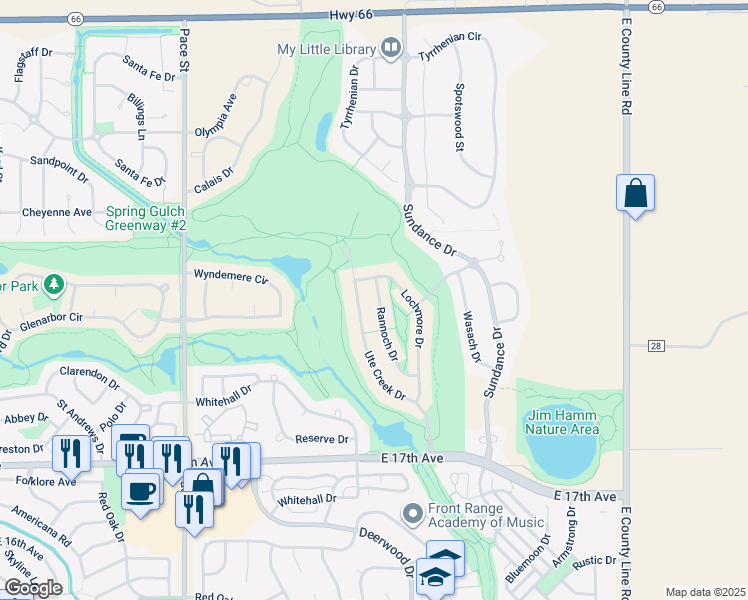 map of restaurants, bars, coffee shops, grocery stores, and more near 1923 Rannoch Drive in Longmont
