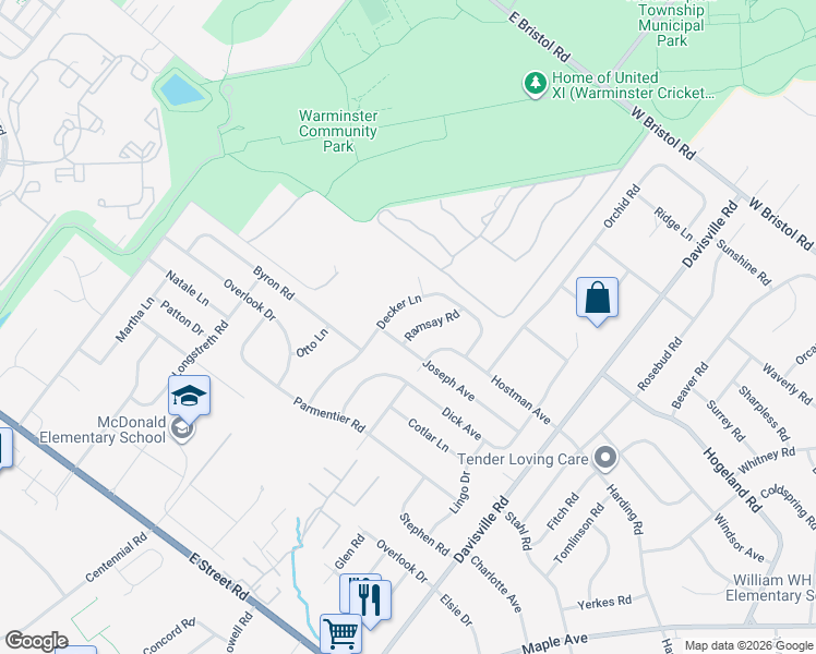 map of restaurants, bars, coffee shops, grocery stores, and more near 944 Ramsay Road in Warminster