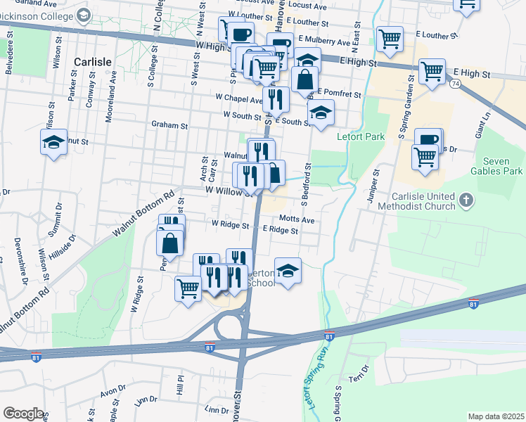 map of restaurants, bars, coffee shops, grocery stores, and more near 533 South Hanover Street in Carlisle