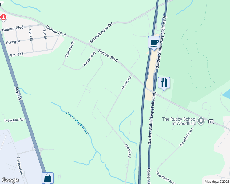 map of restaurants, bars, coffee shops, grocery stores, and more near 1615 Martin Road in Wall Township