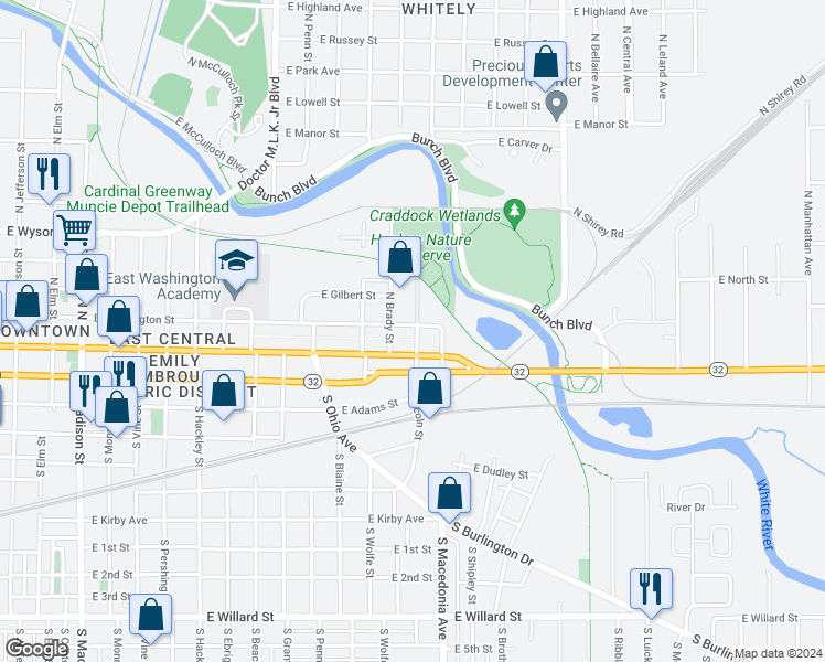 map of restaurants, bars, coffee shops, grocery stores, and more near 1523 East Washington Street in Muncie