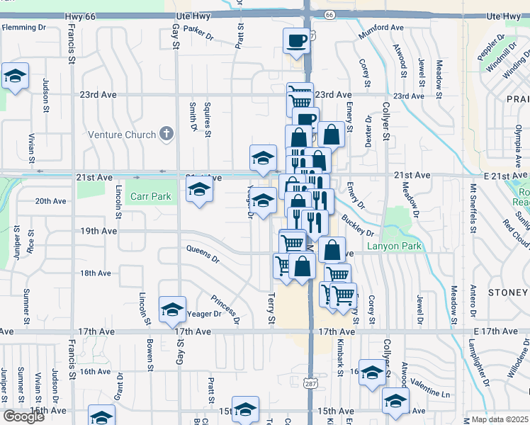 map of restaurants, bars, coffee shops, grocery stores, and more near 2003 Terry Street in Longmont