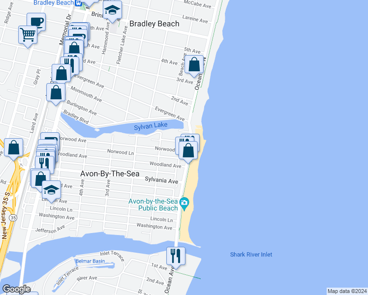 map of restaurants, bars, coffee shops, grocery stores, and more near 24 Norwood Avenue in Avon-by-the-Sea