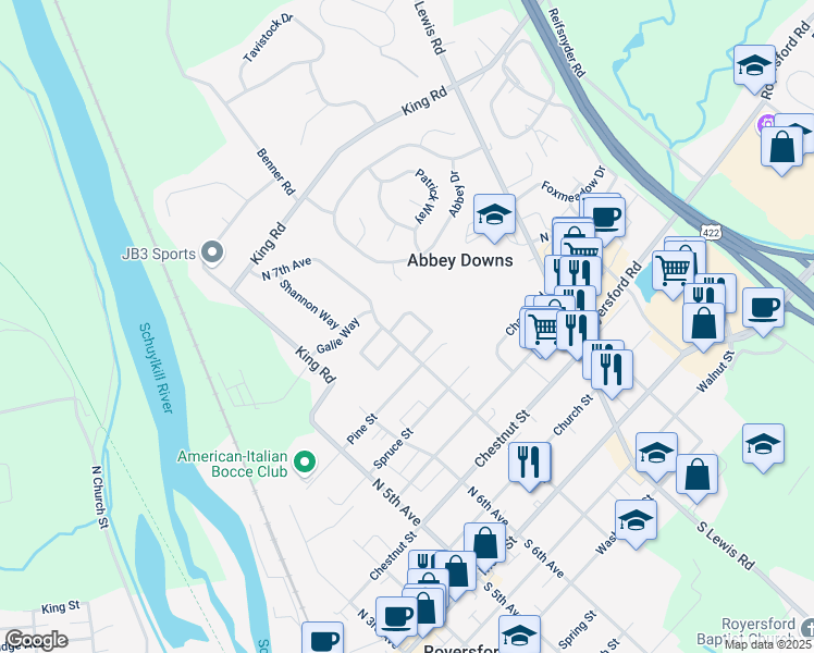 map of restaurants, bars, coffee shops, grocery stores, and more near 107 Horseshoe Drive in Royersford