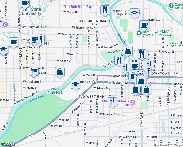 map of restaurants, bars, coffee shops, grocery stores, and more near 816 West Main Street in Muncie