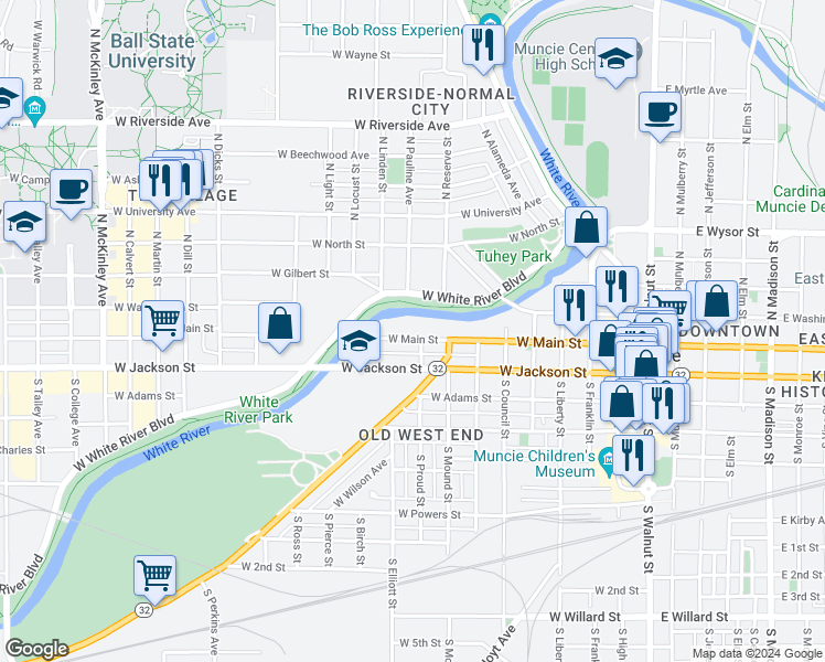 map of restaurants, bars, coffee shops, grocery stores, and more near 816 West Main Street in Muncie