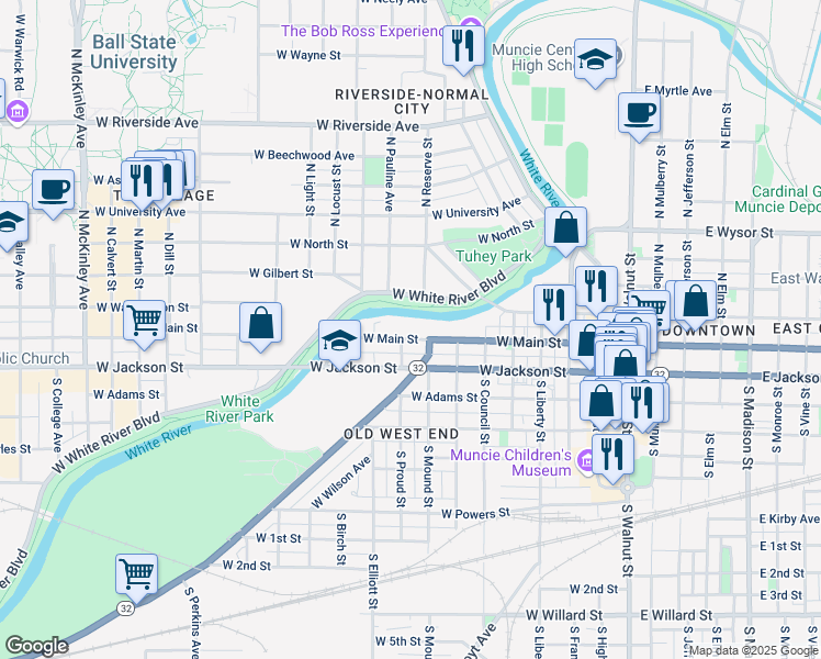 map of restaurants, bars, coffee shops, grocery stores, and more near 816 West Main Street in Muncie