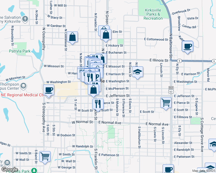 map of restaurants, bars, coffee shops, grocery stores, and more near 211 East McPherson Street in Kirksville