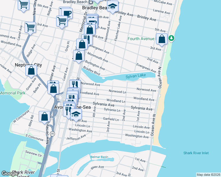 map of restaurants, bars, coffee shops, grocery stores, and more near 615 3rd Avenue in Avon-by-the-Sea