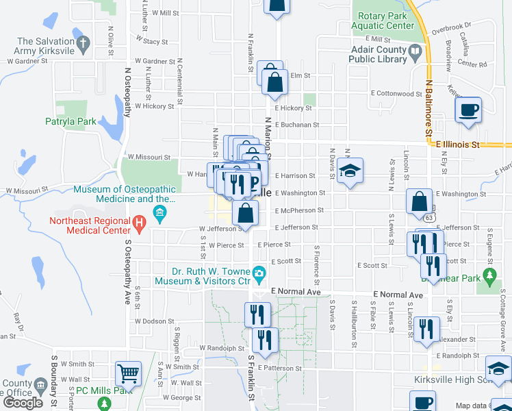 map of restaurants, bars, coffee shops, grocery stores, and more near 115 South Franklin Street in Kirksville