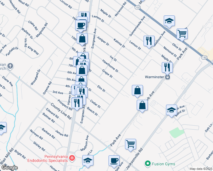 map of restaurants, bars, coffee shops, grocery stores, and more near 366 Fir Street in Warminster