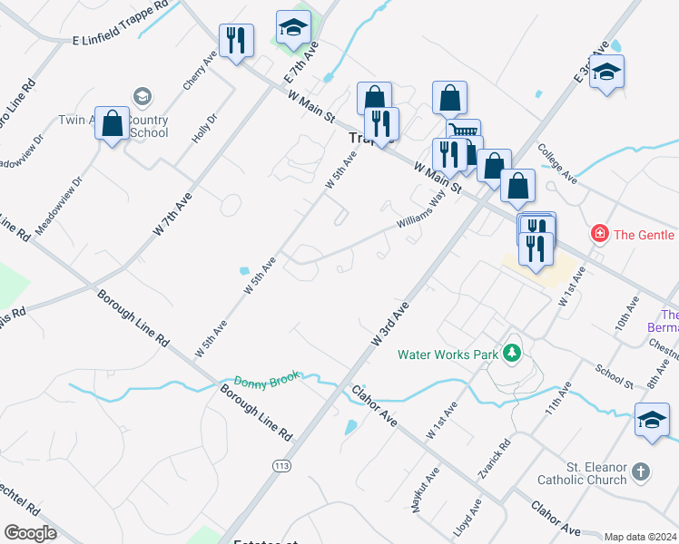 map of restaurants, bars, coffee shops, grocery stores, and more near 387 Jefferson Court in Trappe