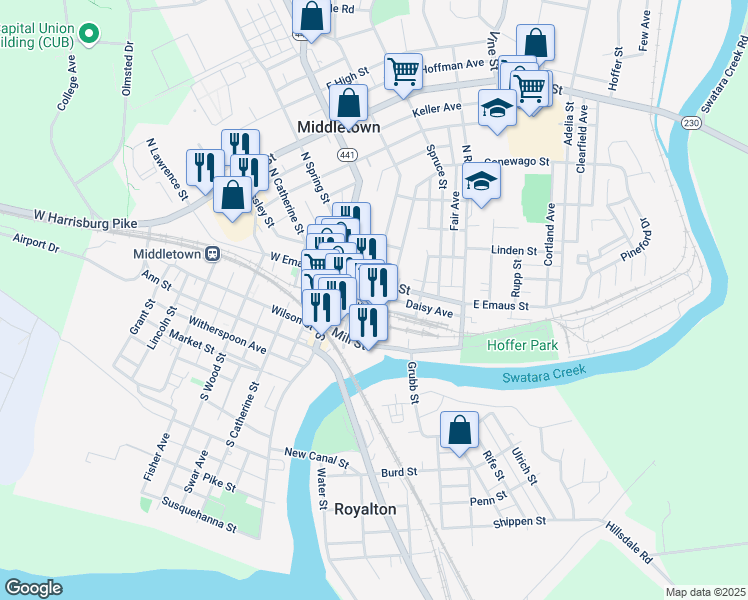 map of restaurants, bars, coffee shops, grocery stores, and more near 4 South Pine Street in Middletown
