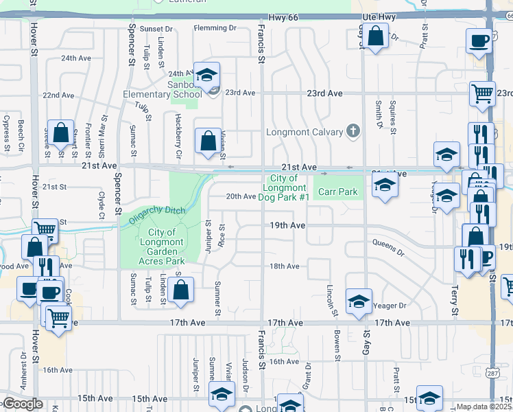 map of restaurants, bars, coffee shops, grocery stores, and more near 1606 Calkins Avenue in Longmont