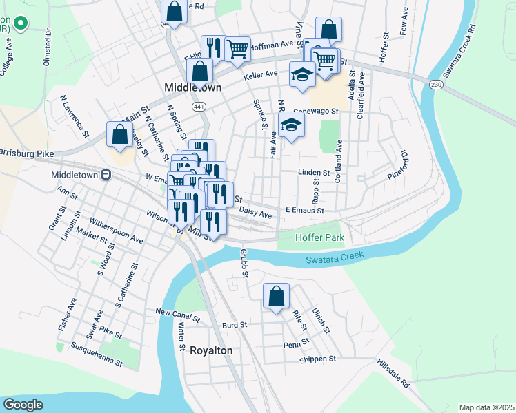 map of restaurants, bars, coffee shops, grocery stores, and more near 222 East Emaus Street in Middletown