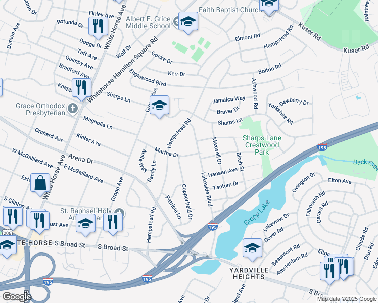 map of restaurants, bars, coffee shops, grocery stores, and more near 32 Martha Drive in Hamilton Township