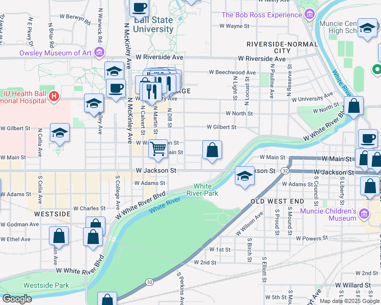 map of restaurants, bars, coffee shops, grocery stores, and more near 1428 West Main Street in Muncie