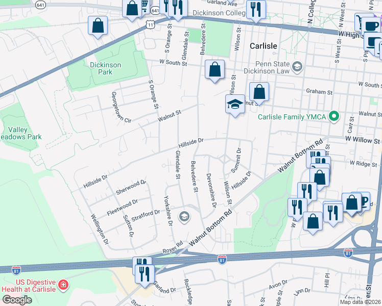 map of restaurants, bars, coffee shops, grocery stores, and more near 504 Belvedere Street in Carlisle