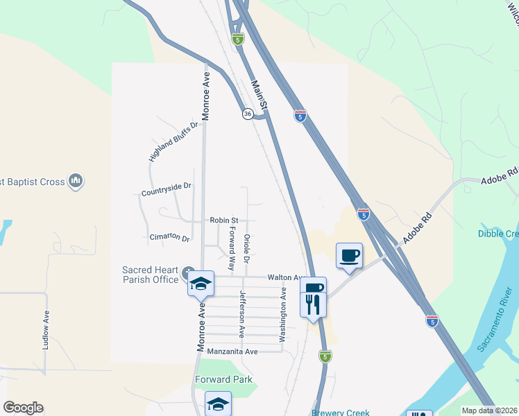 map of restaurants, bars, coffee shops, grocery stores, and more near 230 Sparrow Court in Red Bluff