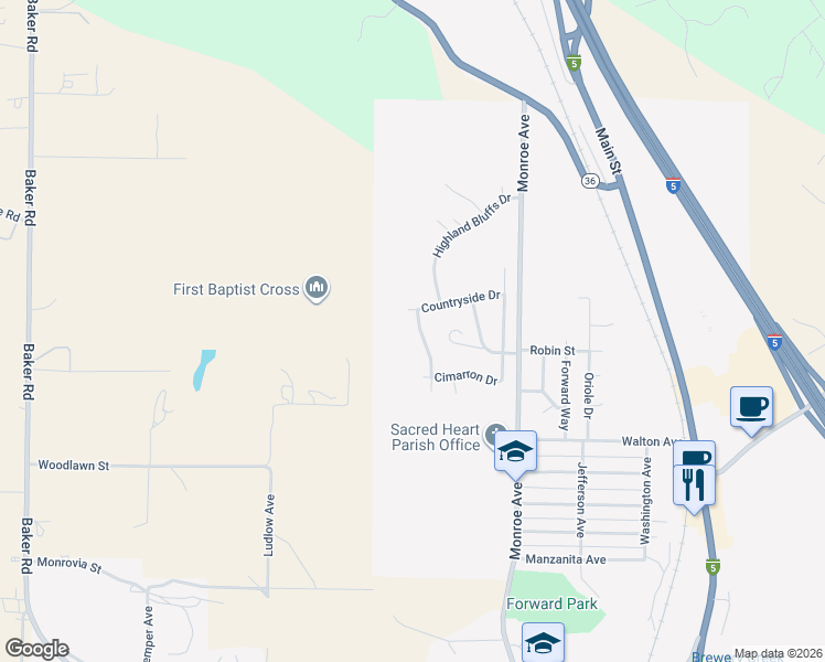 map of restaurants, bars, coffee shops, grocery stores, and more near 2630 Meadowview Drive in Red Bluff