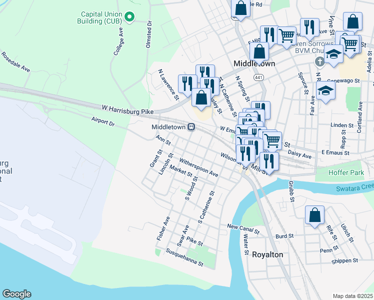map of restaurants, bars, coffee shops, grocery stores, and more near 232 Ann Street in Middletown
