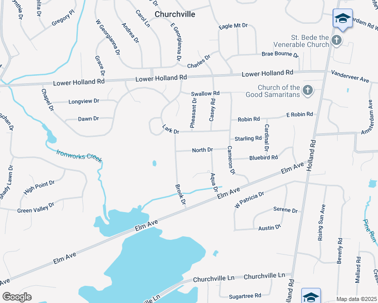 map of restaurants, bars, coffee shops, grocery stores, and more near 72 North Drive in Churchville