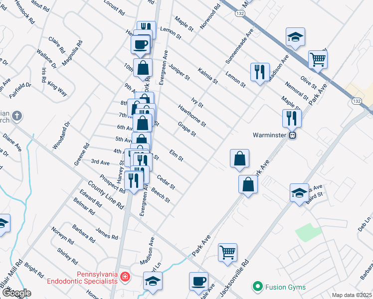 map of restaurants, bars, coffee shops, grocery stores, and more near 366 Fir Street in Warminster