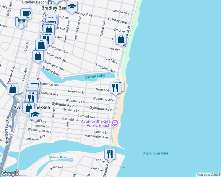 map of restaurants, bars, coffee shops, grocery stores, and more near 24 Norwood Avenue in Avon-by-the-Sea