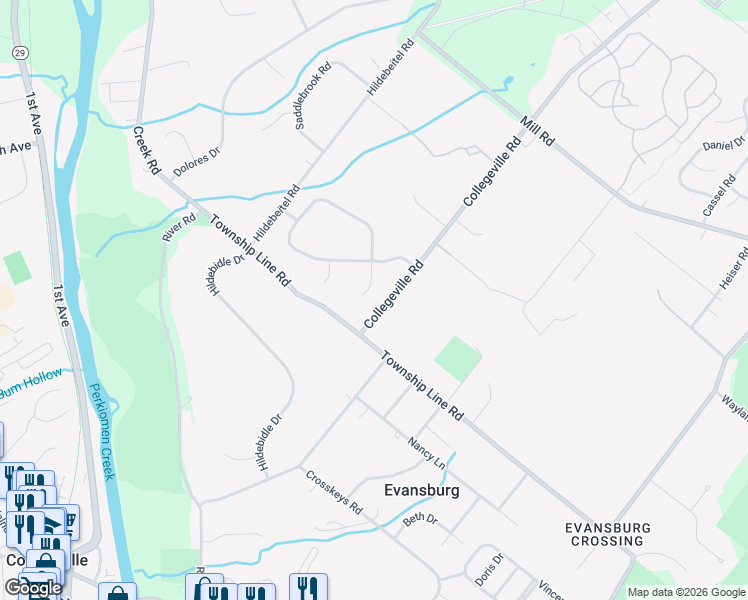 map of restaurants, bars, coffee shops, grocery stores, and more near 452 Sorrel Court in Collegeville