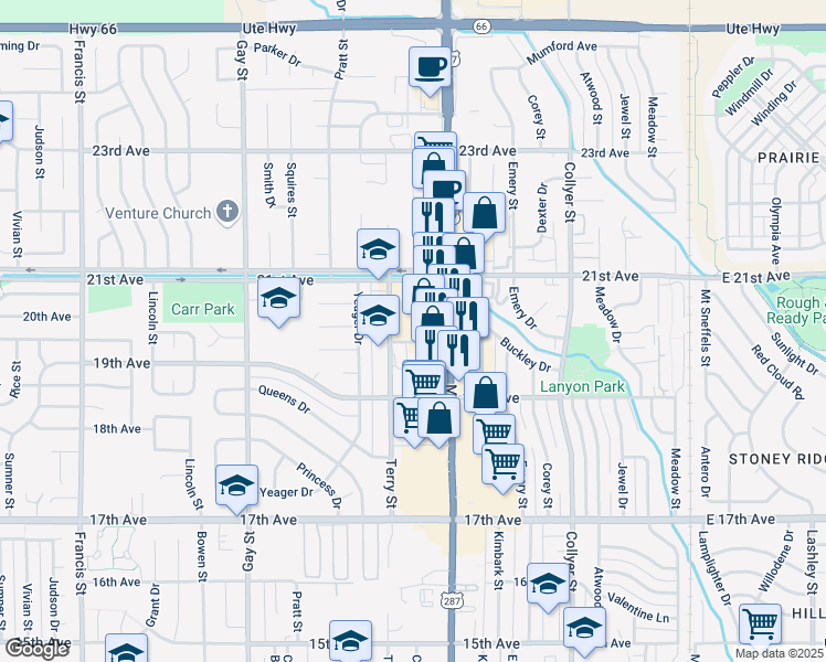 map of restaurants, bars, coffee shops, grocery stores, and more near 650 20th Avenue in Longmont