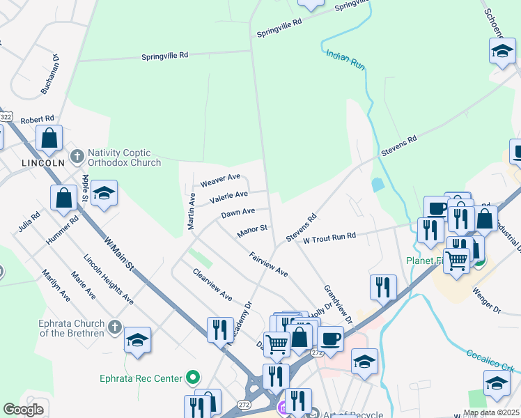 map of restaurants, bars, coffee shops, grocery stores, and more near 1212 Dawn Avenue in Ephrata