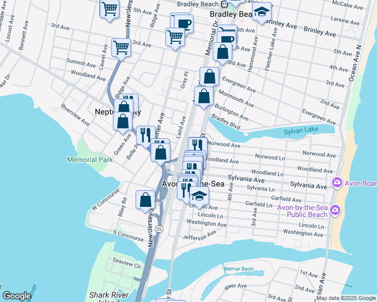 map of restaurants, bars, coffee shops, grocery stores, and more near 614 Woodland Avenue in Avon-by-the-Sea