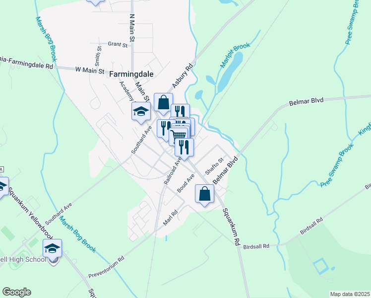 map of restaurants, bars, coffee shops, grocery stores, and more near 84 Main Street in Farmingdale
