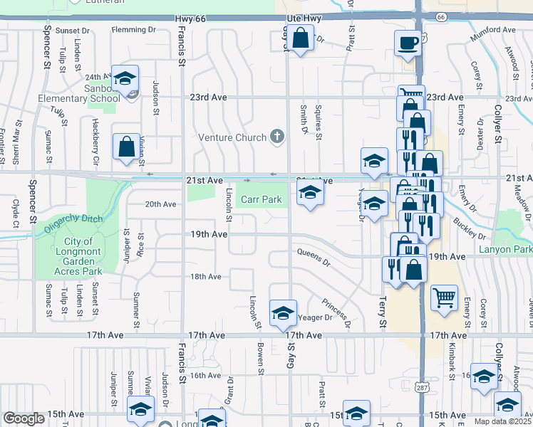 map of restaurants, bars, coffee shops, grocery stores, and more near 1337 Merl Place in Longmont